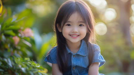 Cheerful Asian girl in a denim dress, sitting on a fence, looking content and happy.の素材
