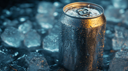 Can of cold beverage on a bed of ice cubes, water droplets visible, evoking a sense of cool refreshment.の素材