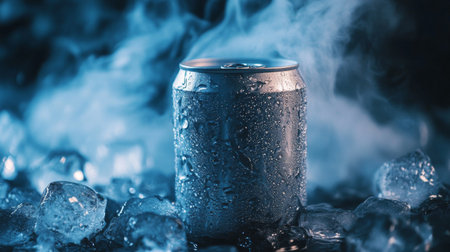 Chilled can of drink among ice cubes, with cold mist rising, creating a visually refreshing and cool atmosphere.の素材