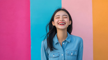 Cheerful Asian girl in a denim dress, standing in front of a colorful wall, beaming with joy.の素材