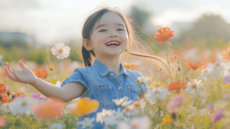 Cheerful Asian girl in a denim dress, exploring a flower field, looking joyful and free.の素材