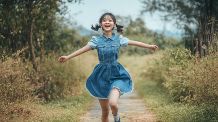 Cheerful Asian girl in a denim dress, skipping down a path, full of joy and energy.の素材