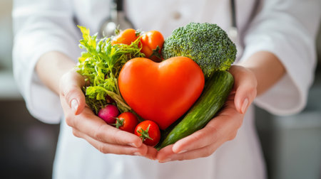 Close-up of a heart-shaped veggie dish in a nutritionist's hand, emphasizing healthy nutrition.の素材