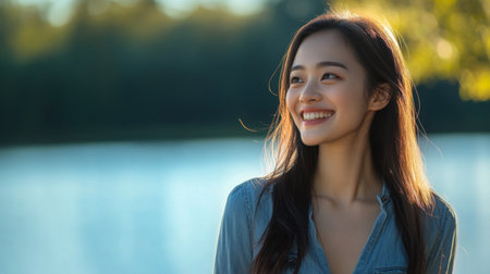 Cheerful Asian girl in a denim dress, standing by a lake, smiling and enjoying the view.の素材