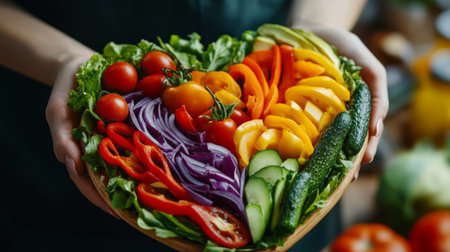 Close-up of a heart-shaped veggie dish in a nutritionist's hand, emphasizing healthy nutrition.の素材