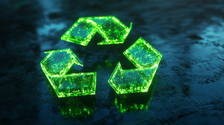 Bright 3D recycling symbol with luminous green arrows, promoting eco-friendly actions.の素材