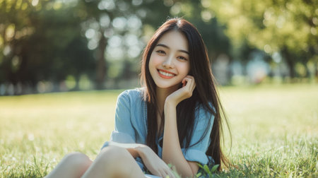 Cheerful Asian girl in a denim dress, sitting on the grass, enjoying a sunny day with a smile.の素材