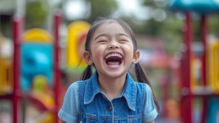 Cheerful Asian girl in a denim dress, laughing and having fun in a playground.の素材