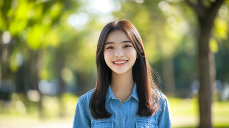 Cheerful Asian girl in a denim dress, standing in a park with a joyful expression.の素材