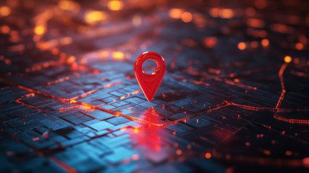 Close-up of a red map pin on a futuristic smart city road with transparent surfaces.の素材