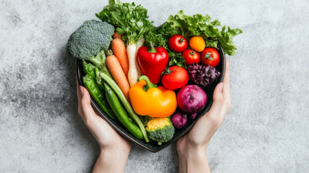 Close-up of a nutritionist's hand presenting a heart-shaped plate of assorted fresh veggies.の素材