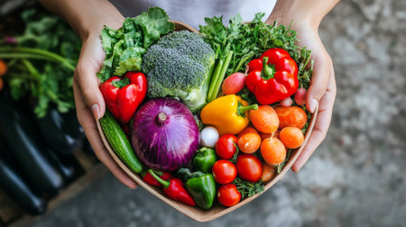 Close-up of a nutritionist's hand holding a heart-shaped dish with a variety of fresh veggies.の素材