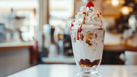 Close-up of a tall ice cream sundae with whipped cream, inside a cleanの素材
