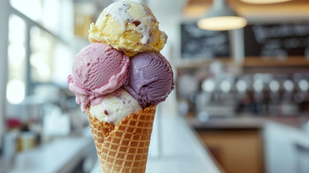 Close-up of a triple-scoop ice cream cone with different flavors, inside a brightの素材