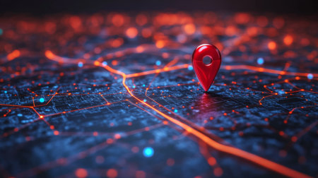 Close-up of a red map pin on a smart road network with real-time data displays.の素材