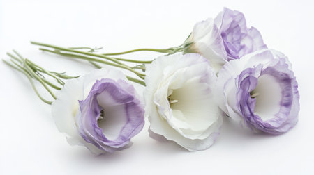 Delicate arrangement of white and purple eustoma flowers on a white background, emphasizing their soft and elegant nature.の素材