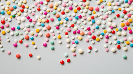 Colorful array of pills spilling onto a light grey backdrop, creating a visually appealing and lively composition.の素材