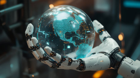 Close-up of robot and human hands holding a 3D holographic earth with digital data streams.の素材