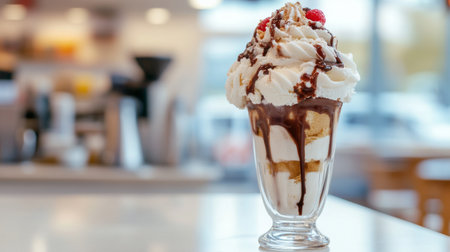 Close-up of a tall ice cream sundae with whipped cream, inside a cleanの素材