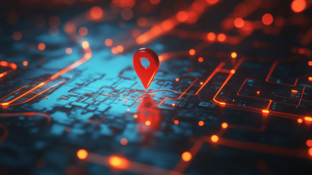 Close-up of a red map pin on a smart road network with real-time data displays.の素材