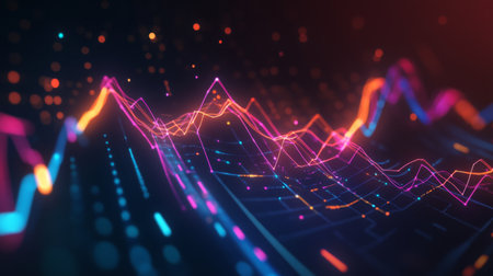 Colorful abstract 3D financial graph with intersecting lines and bars against a dark backdrop.の素材