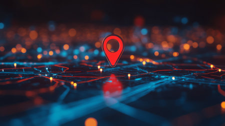 Close-up of a red map pin on a smart road network with real-time data displays.の素材