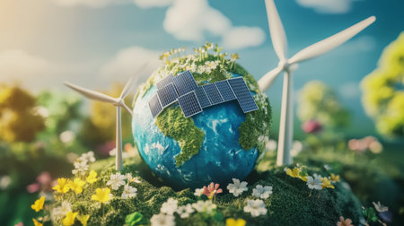 Colorful 3D globe featuring solar panels and wind turbines in a renewable energy concept.の素材