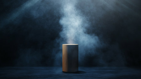 Cylindrical wooden display stand on a dark abstract wall, with rising smoke and spotlight creating a moody ambiance.の素材
