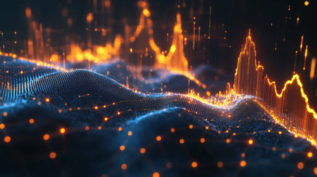 Dynamic 3D financial graph with abstract elements and glowing data lines.の素材