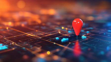 Close-up of a red map pin on a futuristic smart city road with transparent surfaces.の素材