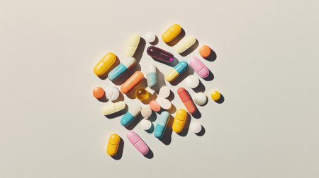 Colorful assortment of pills tumbling onto a light grey backdrop, creating a visually appealing and dynamic arrangement.の素材