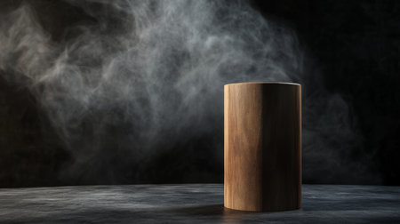 Cylindrical wooden display stand on a dark abstract wall, with rising smoke and spotlight creating a moody ambiance.の素材