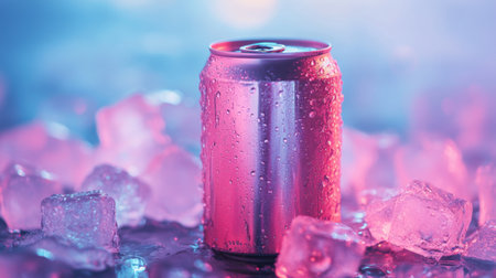 Cold drink can among ice cubes, condensation visible, evoking a sense of cool refreshment on a hot day.の素材