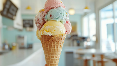 Close-up of a triple-scoop ice cream cone with different flavors, inside a brightの素材