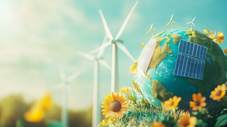 Colorful 3D globe with wind turbines and solar panels, illustrating green energy solutions.の素材