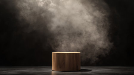 Cylindrical wooden display stand on a dark abstract wall, with rising smoke and spotlight creating a moody ambiance.の素材