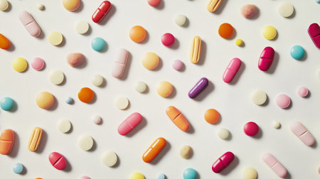 Colorful assortment of pills scattering across a light grey backdrop, forming a vibrant and dynamic arrangement.の素材