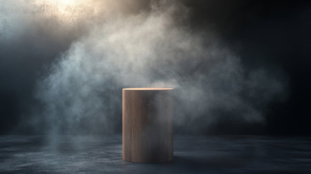 Cylindrical wooden display stand on a dark abstract wall, with a spotlight and rising smoke creating a moody scene.の素材