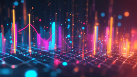Colorful abstract 3D financial graph with intersecting shapes and glowing data points.の素材