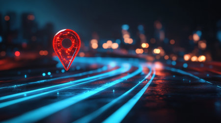 Close-up of a red map pin on a sleek, futuristic road with glowing blue lines.の素材