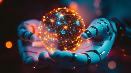 Close-up of robot and human hands together, holding a glowing digital world with a network pattern.の素材