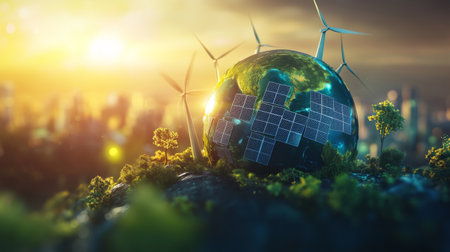 Dynamic 3D globe featuring solar panels and wind turbines, promoting clean energy.の素材