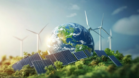 Dynamic 3D globe with solar panels and wind turbines, illustrating sustainable power.の素材