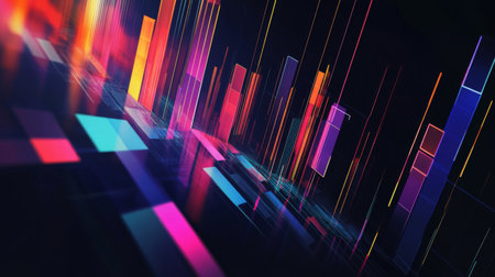 Colorful abstract 3D financial graph with intersecting lines and bars against a dark backdrop.の素材