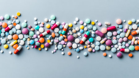 Colorful array of pills spilling onto a light grey backdrop, creating a visually appealing and lively composition.の素材