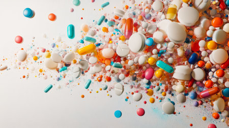 Colorful array of pills spilling onto a light grey backdrop, with bright colors contrasting against the neutral background.の素材