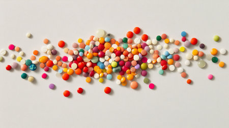 Diverse assortment of colorful pills tumbling onto a light grey backdrop, creating a dynamic and visually striking arrangement.の素材