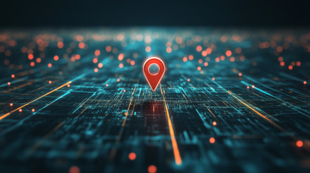 Digital grid road with a red map pin indicating a precise location.の素材