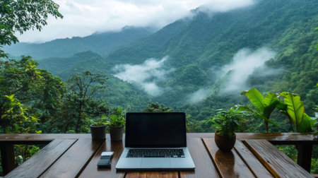 Cozy laptop setup on a wooden deck with lush green mountains and misty clouds in the background, ideal for nature lovers.の素材