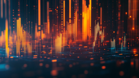 Dynamic 3D financial graph with abstract elements and glowing data lines.の素材